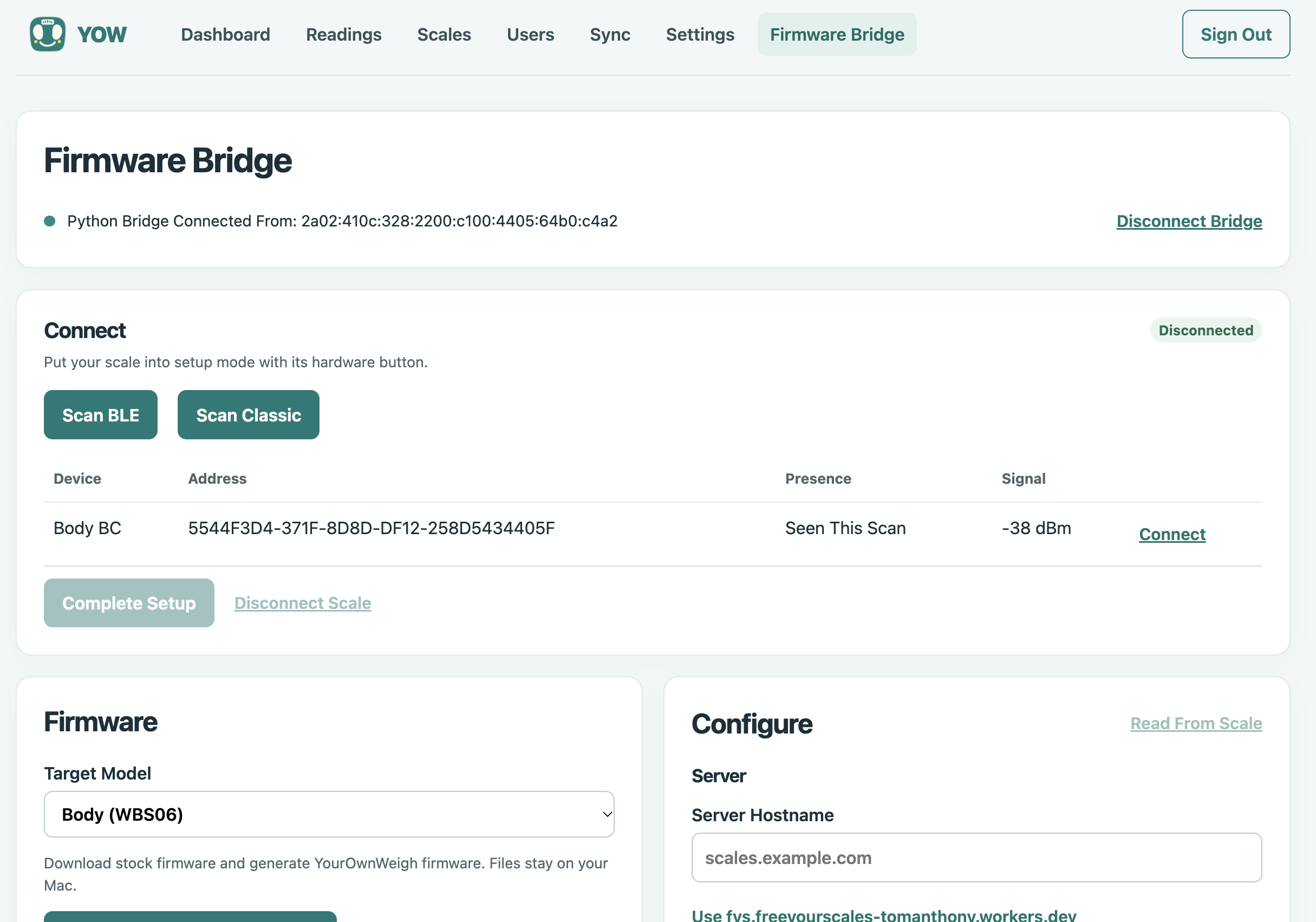 YOW Firmware Bridge page screenshot.