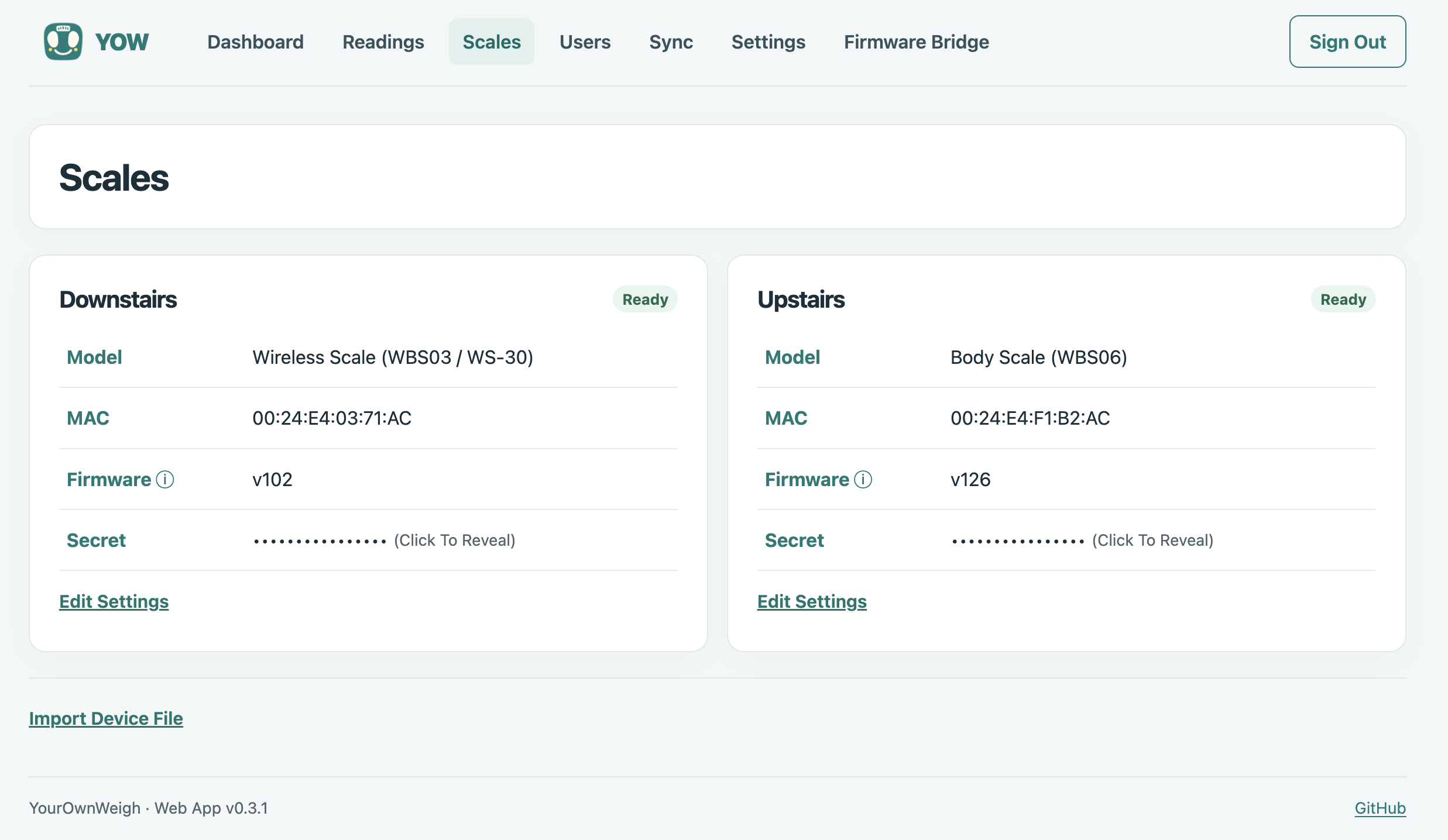 YOW Device List page screenshot.