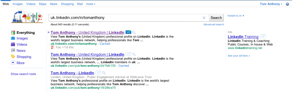 Google SERPs of my LinkedIn profile with +1
