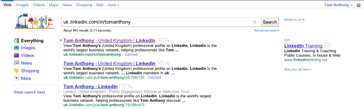 Google SERPs of my LinkedIn profile without +1