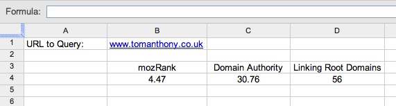 Results from Linkscape API pulled into Google Docs